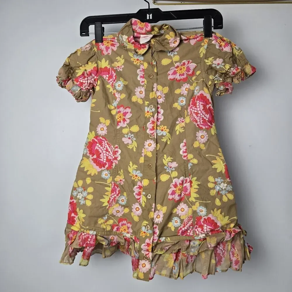 Oilily Girl Sz 116 Floral Button Cotton Short‎ Sleeve Dress